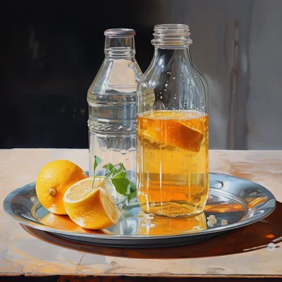 Oil painting of a gatorade bottle on a table. nature