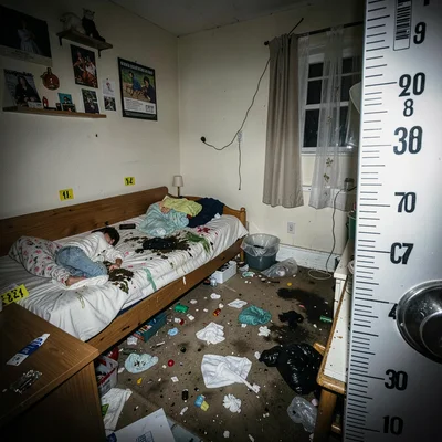 Child's messy bedroom documented in forensic evidence photography style