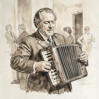 Loose ink sketch of a bandoneon player in a milonga, eyes closed, fingers blurre
