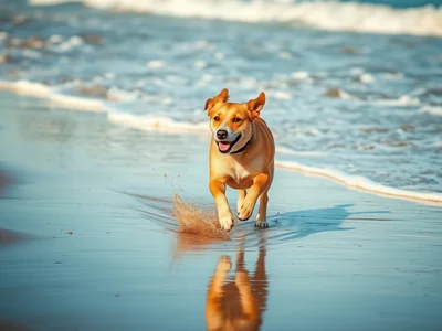 Candid photography style, a joyful dog running along the shoreline on a sunlit beach, mid-stride with sand kicking up be