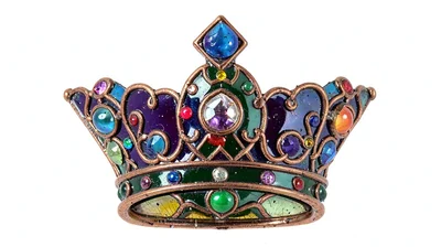 Cloisonné enamel illustration, crown with gems , copper wire outlines, glass ena