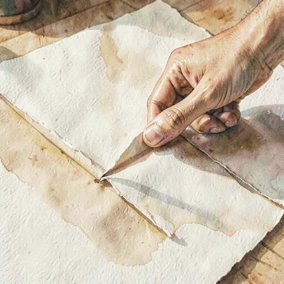 Warm gouache study of a hand tearing a sheet of heavy paper along a folded creas