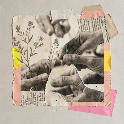 Warm tactile collage celebrating a customer story, overlapping halftone portrait