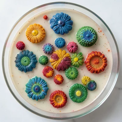 Agar plate with bacterial colonies arranged like Christmas ornament pattern