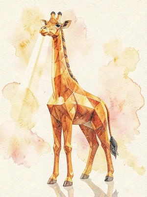 Big amber lowpoly giraffe standing tall with neck stretched up, warm orange inte