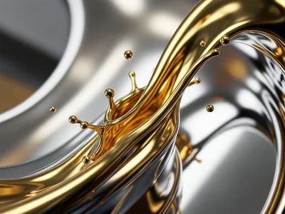 Liquid gold metal flowing in thin stream, warm amber tones with bright specular 