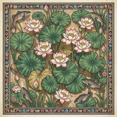 Lotus pond from above — open blooms, buds, and lily pads in dense arrangement