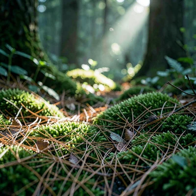 Mossy forest floor with fallen pine needles and a single shaft of sunlight, deep