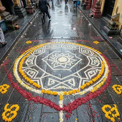 Looking down at Chennai's overlooked patterns, Fresh kolam surrounded by yesterd