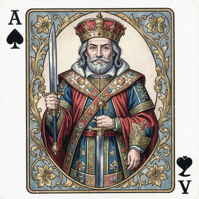 Playing card face illustration, King of Spades holding sword upright , court car