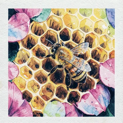 Close-up of a honeycomb section with a single bee sitting at a cell opening