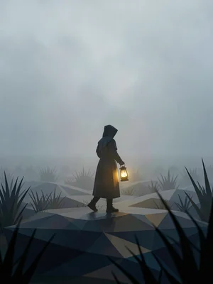 Solitary hooded figure carrying a glowing lantern across a faceted moor while he
