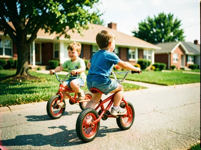 Kids on Big Wheels in cul-de-sac, houses soft focus behind, punchy greens satura