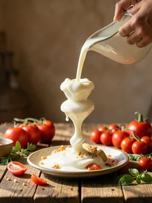 Milk being poured but forming sculpture mid-air, liquid architecture