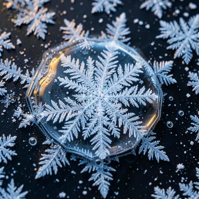 Frozen bubble on snow surface, crystal patterns visible, winter magic