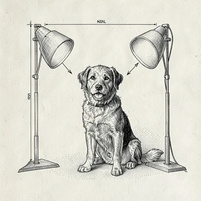Pen-ink technical-style drawing of a three-light studio diagram with a dog as th