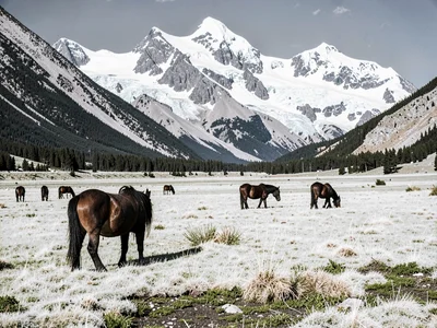 Mountain meadow with wild horses grazing, dark bodies in landscape of white velv