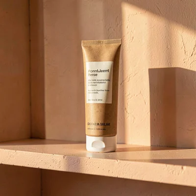 Warm vertical of a tall paperboard deodorant tube on a peach plaster shelf, late