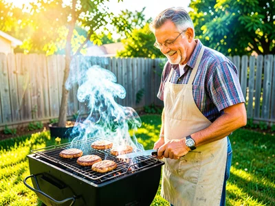 Father at charcoal grill turning burgers, backyard, afternoon sun, apron