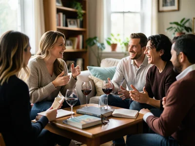 Book club meeting in cozy living room, wine glasses, animated discussion