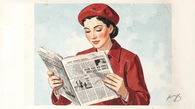 Gouache illustration, woman in red beret reading newspaper , opaque matte pigmen