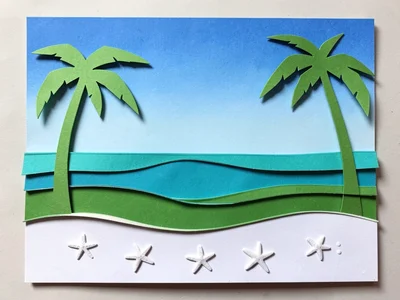 A tropical beach: gradient blue sky, palm tree silhouettes in green, turquoise w