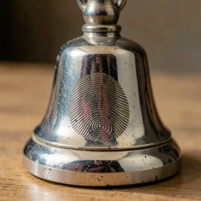 Macro of a chrome bell with fingerprint patina and a single hard rim light