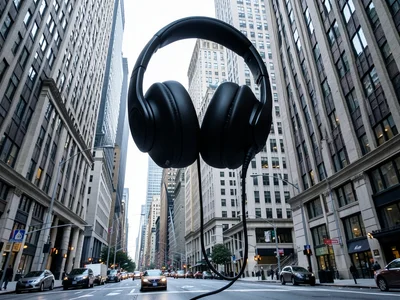 Enormous headphones draped over skyscraper, cable trailing down to street
