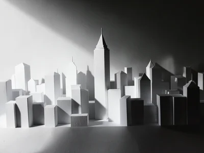 City skyline made of folded white paper, dramatic side lighting casting shadows