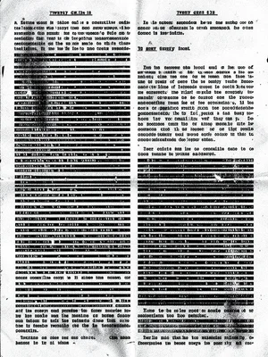Newspaper column copied twenty generations, text dissolving from readable to pur