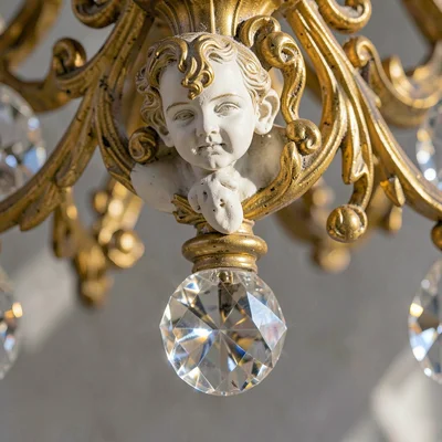 Baroque ornament fragment, Moravian gilt detail, Chandelier crystal drop, prisma