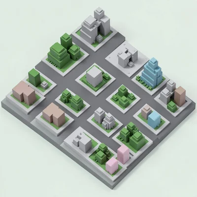 A top-down view of a voxel city grid with roads as grey squares and building foo