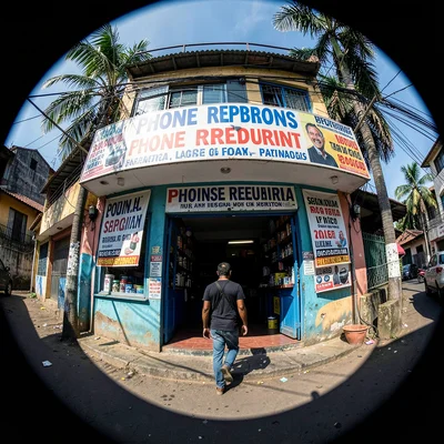 Harsh equatorial noon light casting deep shadows, Painted shop front with hand-l