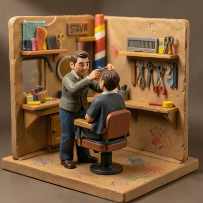 A clay barbershop: a barber trimming a customer's hair, a striped pole, tiny com