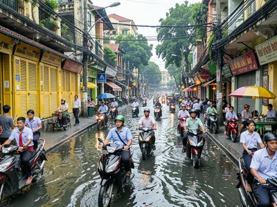School children crossing Hanoi motorbike traffic