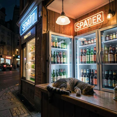 Späti corner shop at midnight, neon-lit fridge of bottled beer, a bored cat asle