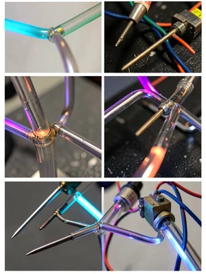 The carbon electrode tips of a bombarder unit, close-up of the pointed ends