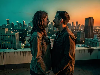 Couple on city rooftop
