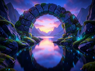 Floating stone archway over a mirror-still lake at twilight, bioluminescent moss