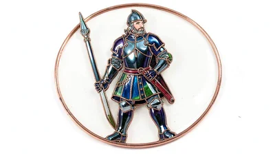 Cloisonné enamel illustration, knight in armor , copper wire outlines, glass ena