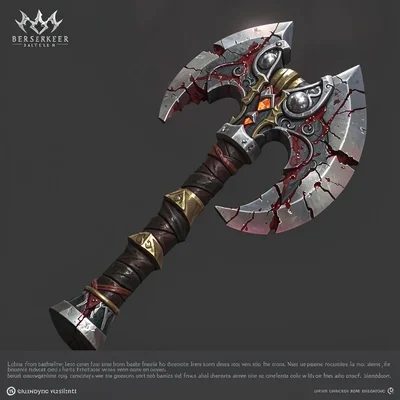 Fantasy weapon illustration, a berserker's double-headed axe, notched from battl