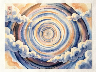 Floating ink creating summer cloud formations on water, warm palette