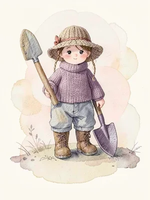 Boots-wearing soft-plum knit gardener figure with a felted trowel and a knit sun