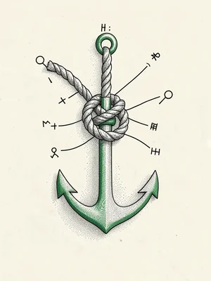 Stipple-shaded portrait of a single rope tied in a long knot diagram floating ag