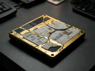 Damaged floppy disk with gold-repaired casing, label faded and peeling
