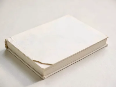 A single closed paperback book lies flat showing creased spine and softly bent c