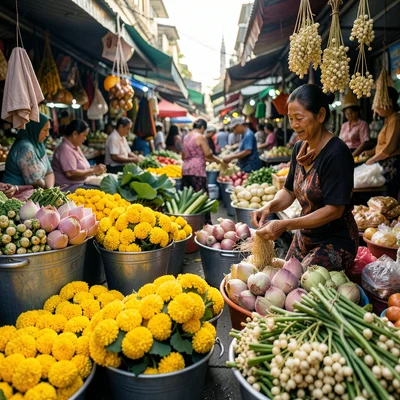 A flower market in Bangkok, buckets of marigold garlands, lotus bundles, and jas