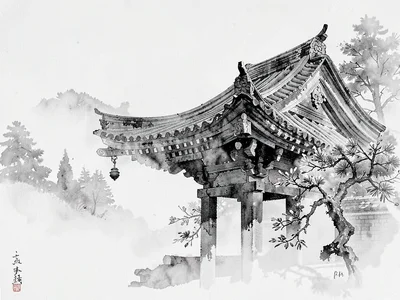 Temple roof corner emerging from mist