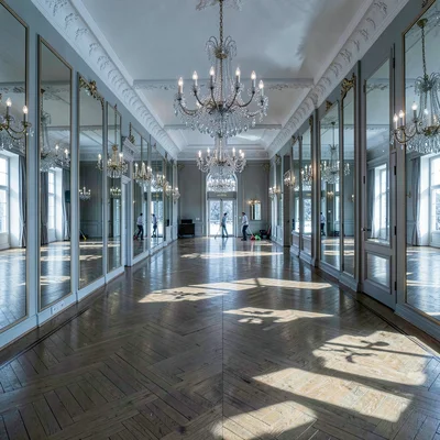Crisp Alpine clarity, formal composition, Palace ballroom with parquet floor in 