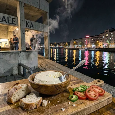 Belgrade brutalist night and Danube reflections, Fresh kajmak cheese in wooden b
